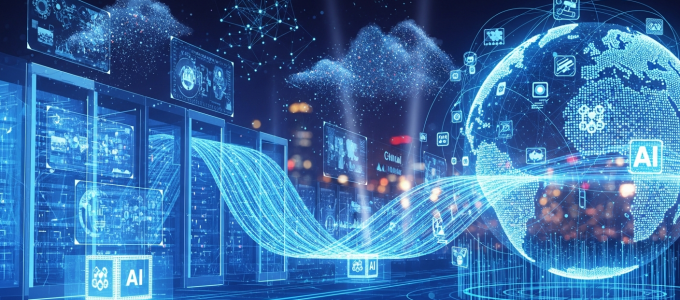 Futuristic digital network showing artificial intelligence, cloud computing, and data connectivity — symbolizing the top technology trends to watch in 2026.