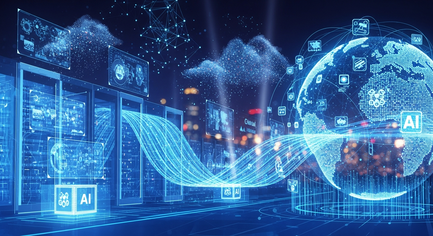 Futuristic digital network showing artificial intelligence, cloud computing, and data connectivity — symbolizing the top technology trends to watch in 2026.